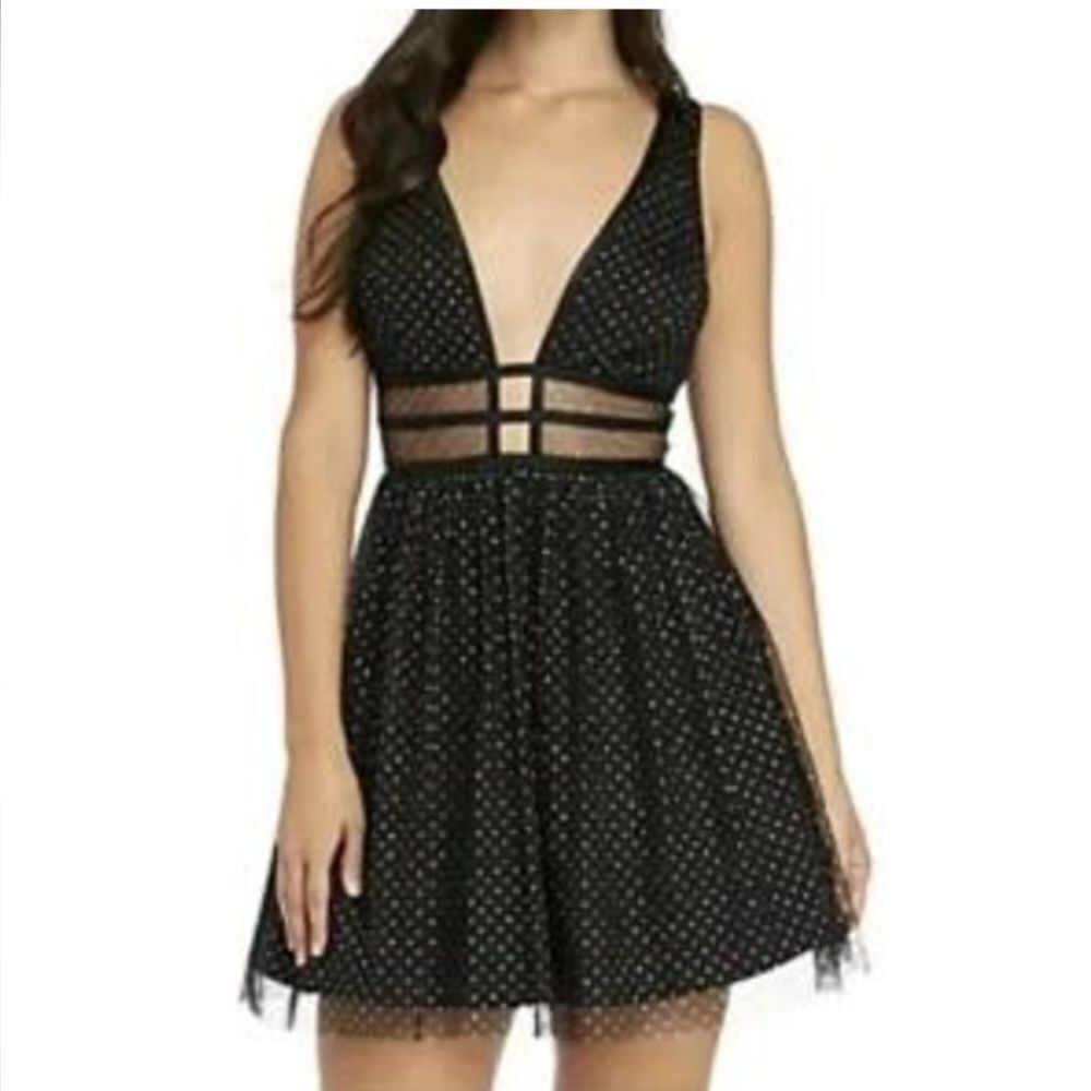 NWT Blondie Nights by Stacy Sklar Elegant mesh Black Polka Dot Dress, US0